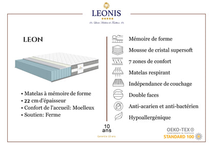 Matelas mousse mémoire de forme - LEON 22 cm